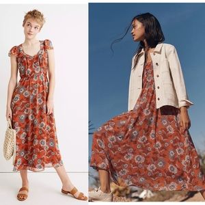 Madewell Sheer-Sleeve Button-Front Midi Dress in Gathered Blooms